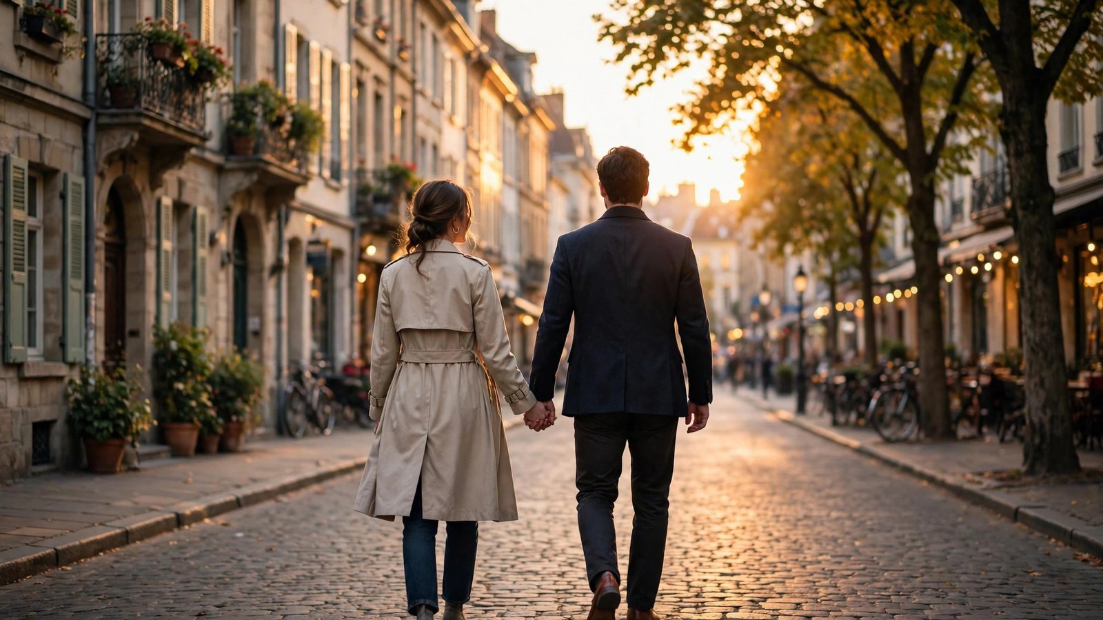 Couple holding hands walking at golden hour after meeting on a top US dating site