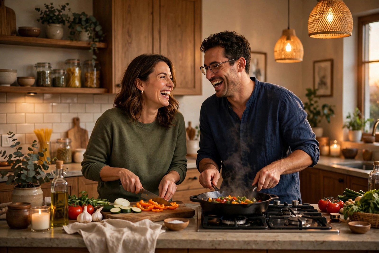 Happy couple cooking together at home after meeting on a serious dating app