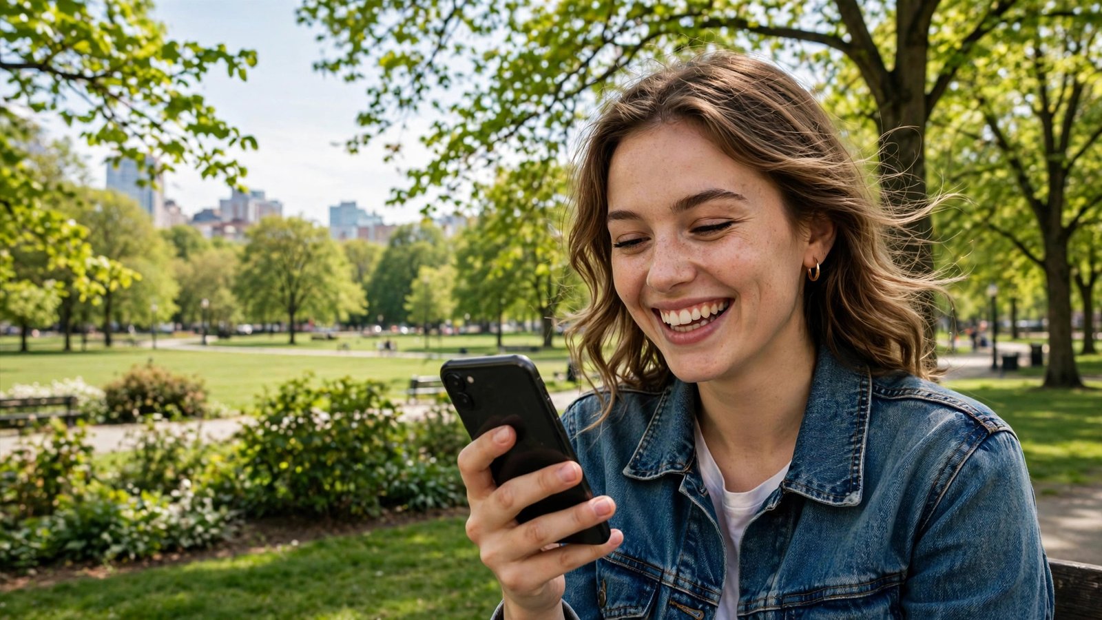 Woman smiling while using a free US dating site app in the park