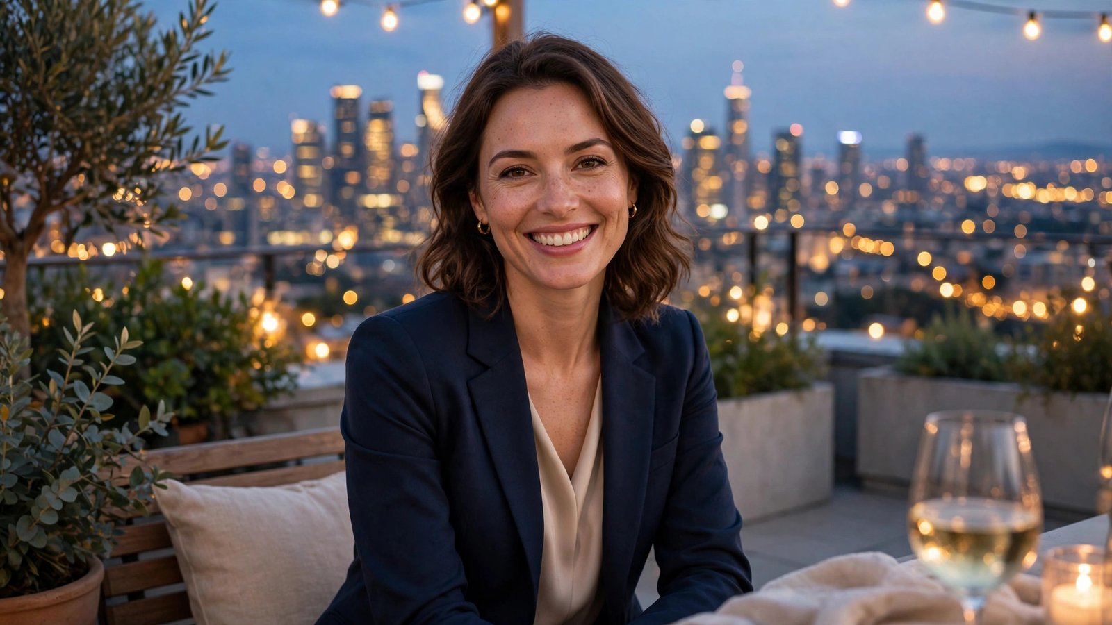 Confident professional woman on a rooftop date at dusk
