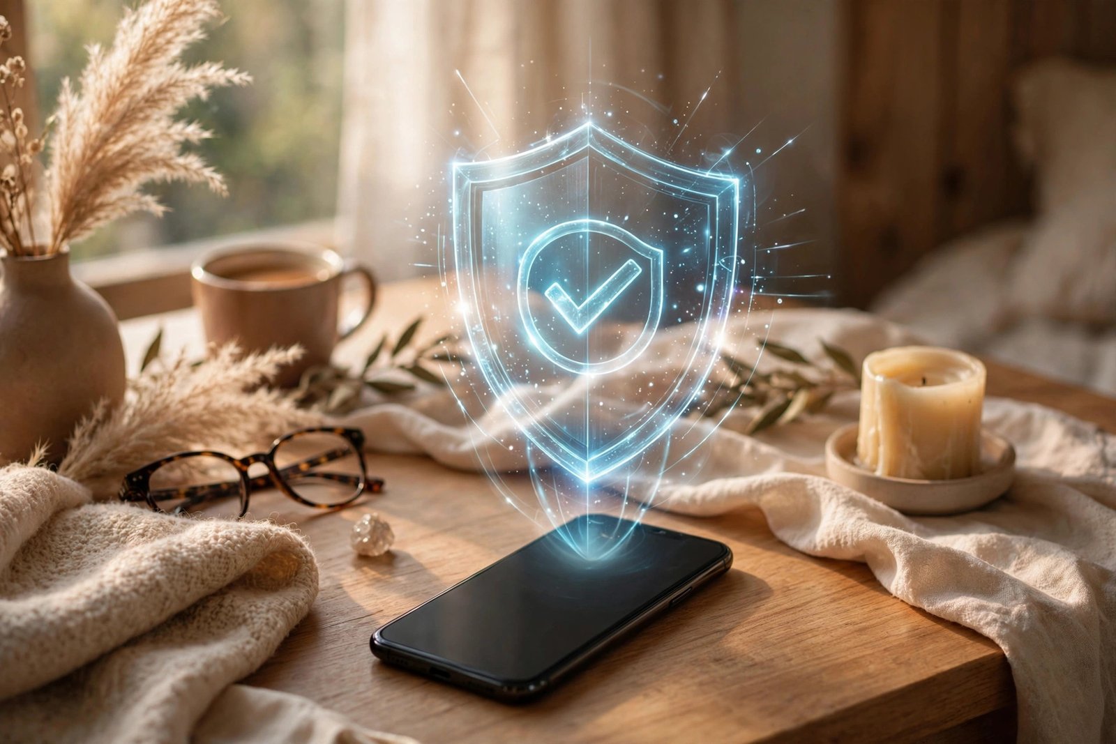 Phone security shield concept for spotting fake dating profiles safely