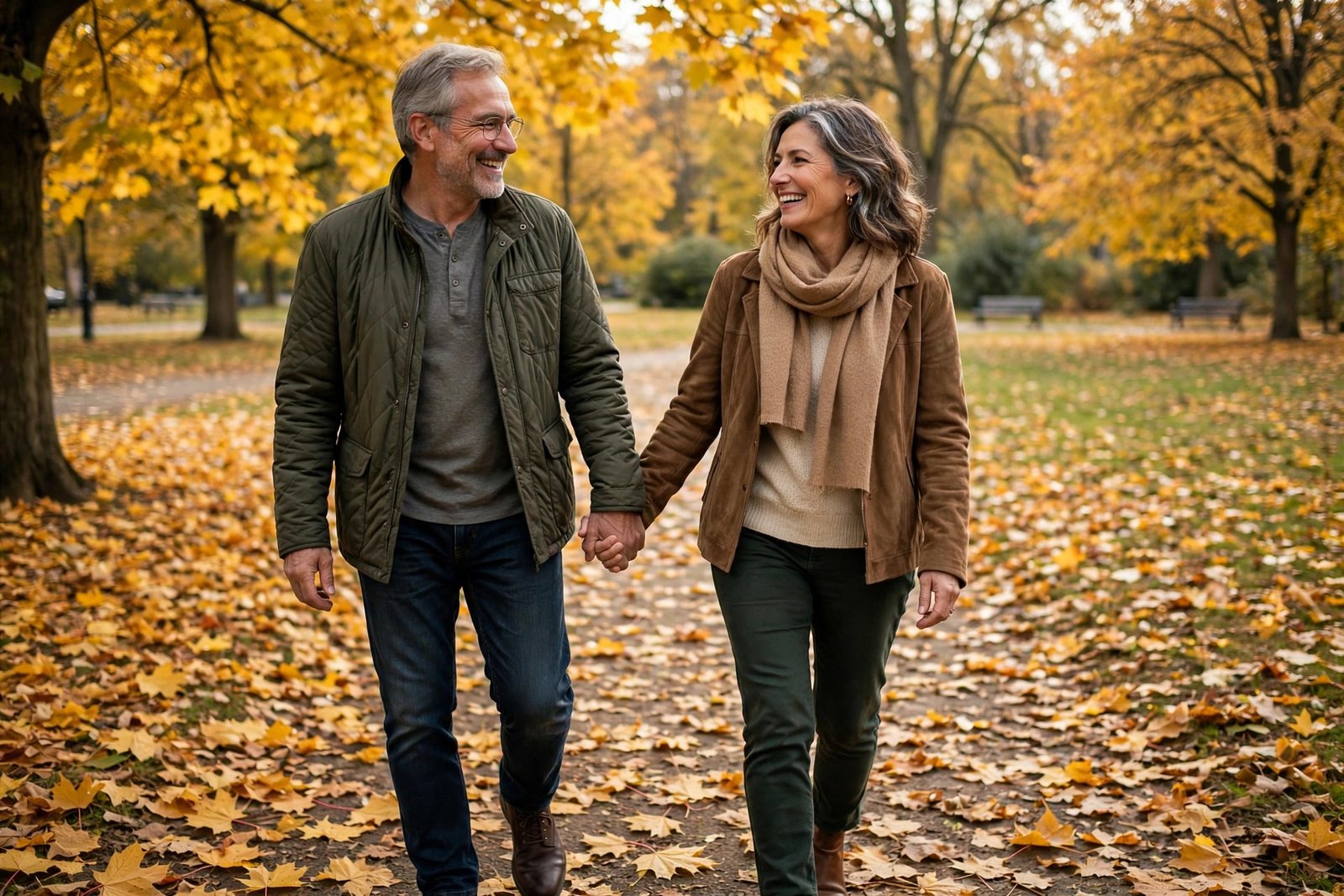 Mature couple walking hand in hand — love after 50 through senior dating sites