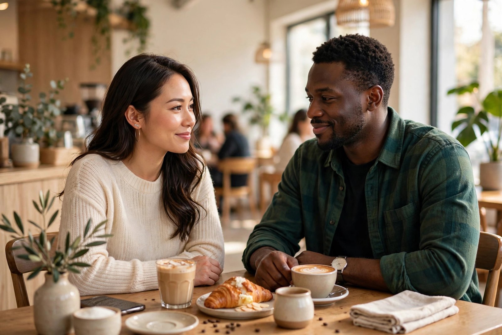 Relaxed first coffee date — online dating tips for beginners in action
