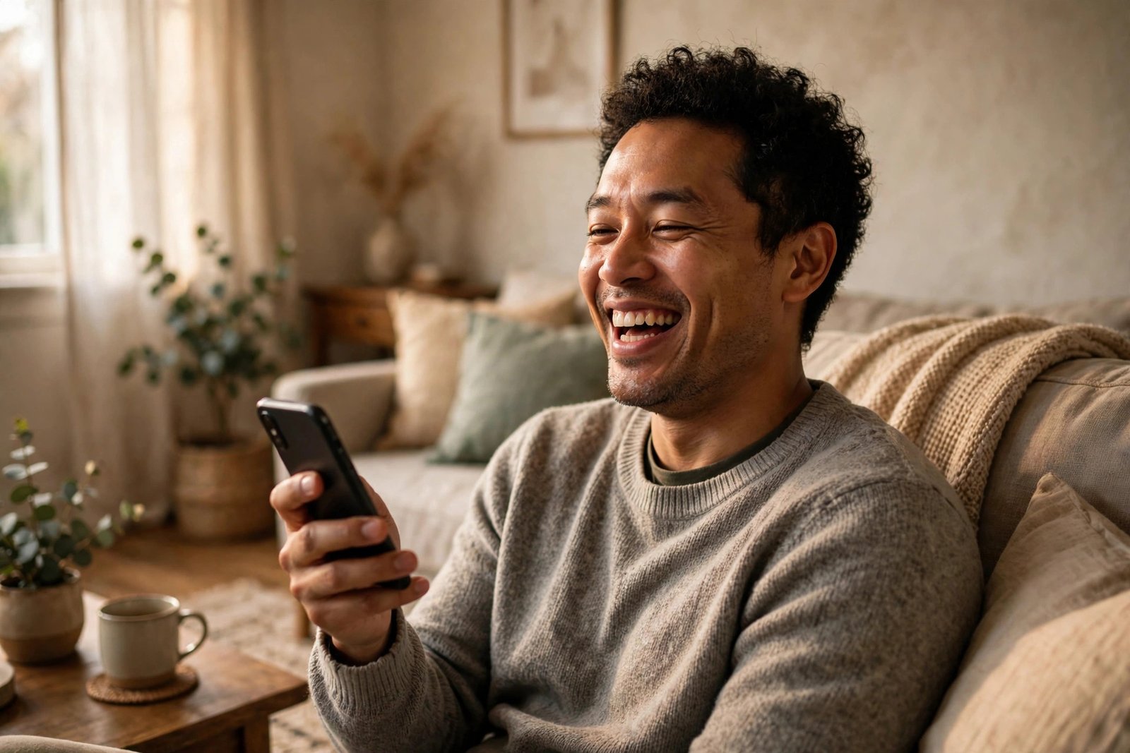 Man laughing at a great opening message on a dating app